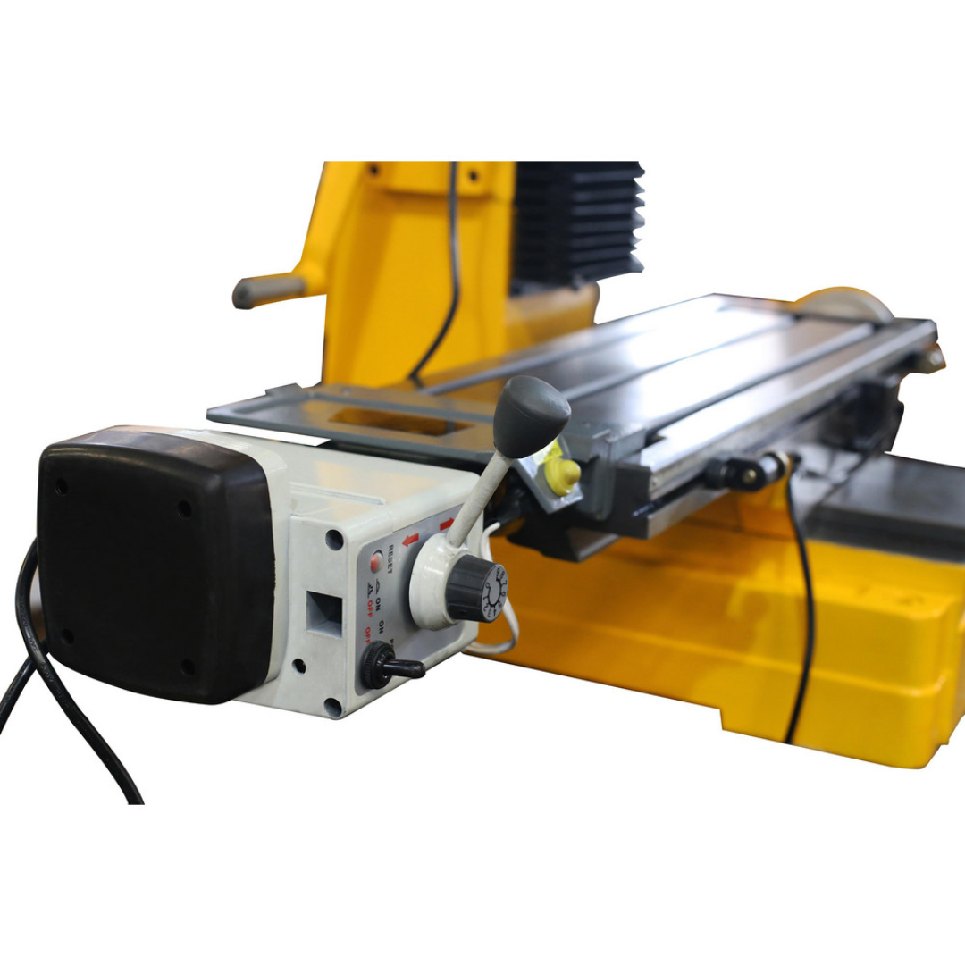 Enco HD Benchtop Mill/Drill with Power Feed & Tapping: 10" x 32" 2 HP ZX45 close-up of the X-axis power feed assembly showing the automatic feed motor and precision table drive.