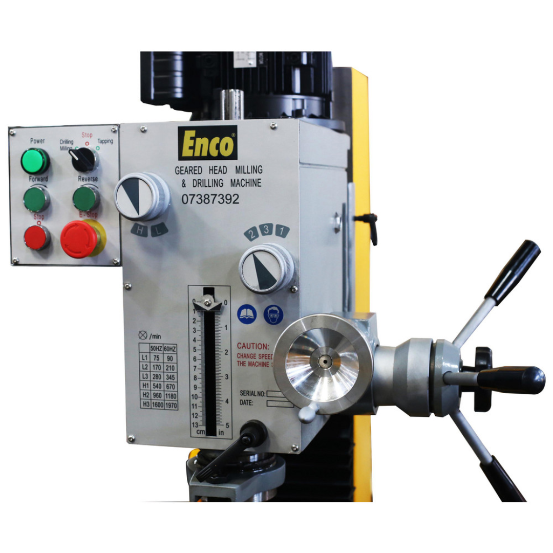 Enco HD Benchtop Mill/Drill with Power Feed & Tapping: 10" x 32" 2 HP ZX45 close-up of the spindle nose and quill assembly highlighting precision machining capability and industrial construction.