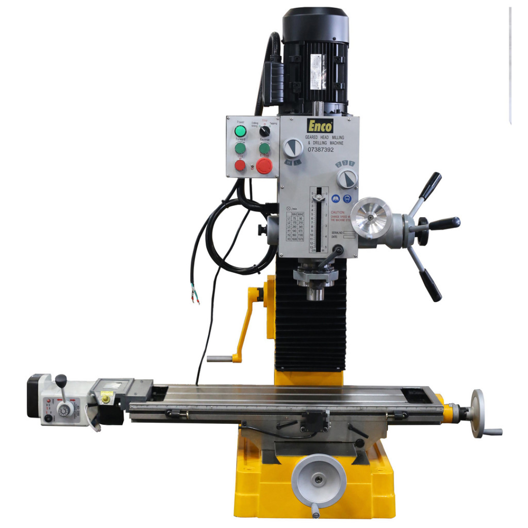 Enco HD Benchtop Mill/Drill with Power Feed & Tapping: 10" x 32" 2 HP ZX45 front view featuring the heavy-duty benchtop milling and drilling machine, 10" × 32" precision work table, power feed, tapping capability, and industrial gear head design.