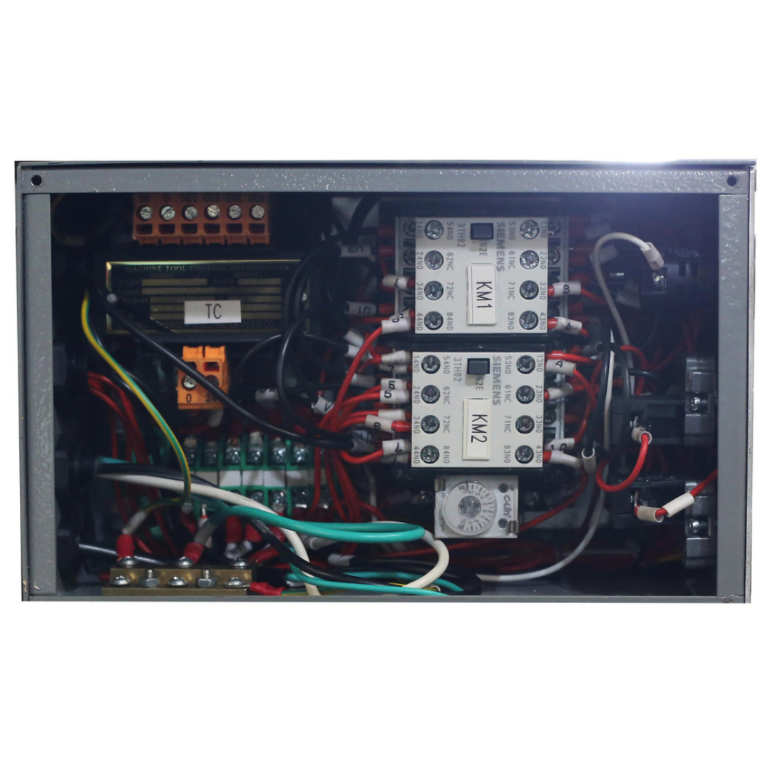 Enco HD Benchtop Mill/Drill with Power Feed & Tapping: 10" x 32" 2 HP ZX45 internal electrical control panel showing organized industrial wiring and machine control components.