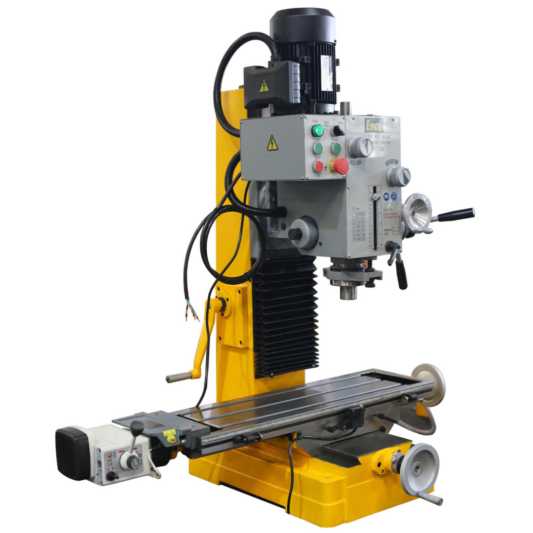 Enco HD Benchtop Mill/Drill with Power Feed & Tapping: 10" x 32" 2 HP ZX45 opposite side view showing the gear-driven milling head, power feed controls, and precision machining platform.