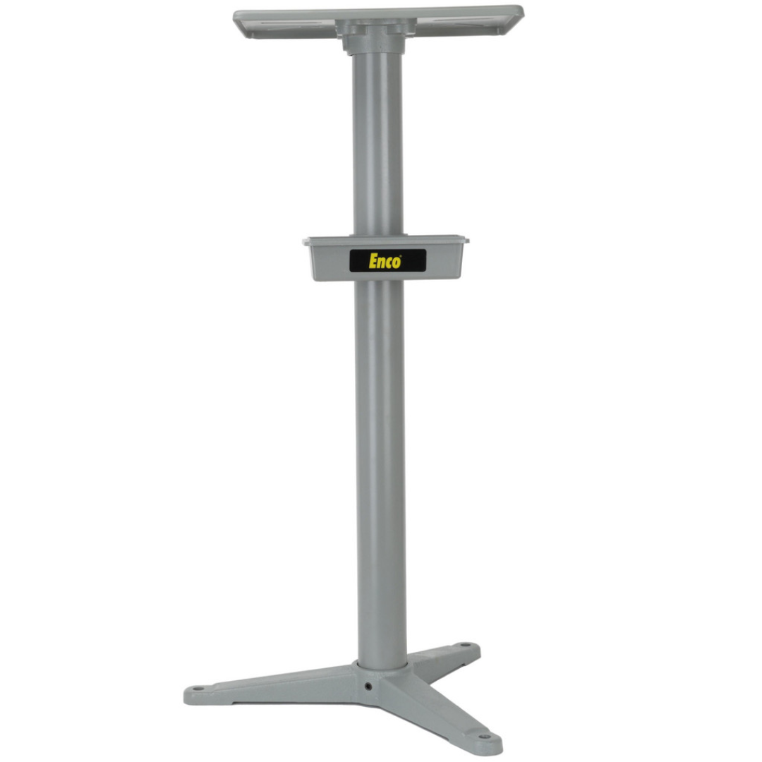 Enco Pedestal Stand GS-B front view showing a heavy-duty steel pedestal stand with a rigid support column, reinforced tripod base, adjustable mounting platform, and industrial gray finish designed for supporting bench-mounted machinery.