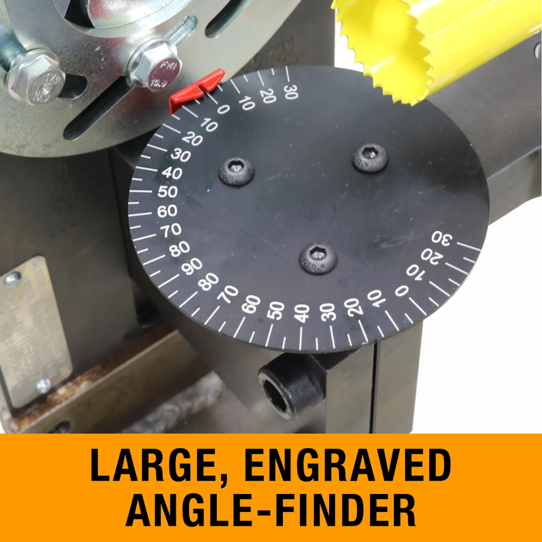 Engraved angle finder on Baileigh Radial Jaw Tube and Pipe Notcher, 2.5" OD Capacity (TN-250) BA9-METN250 enabling precise setup for tube and pipe notching operations.