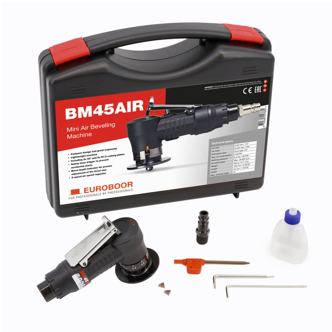 Euroboor BM45AIR Beveling Machine kit including pneumatic beveling tool, accessories, lubricant bottle, and protective carrying case