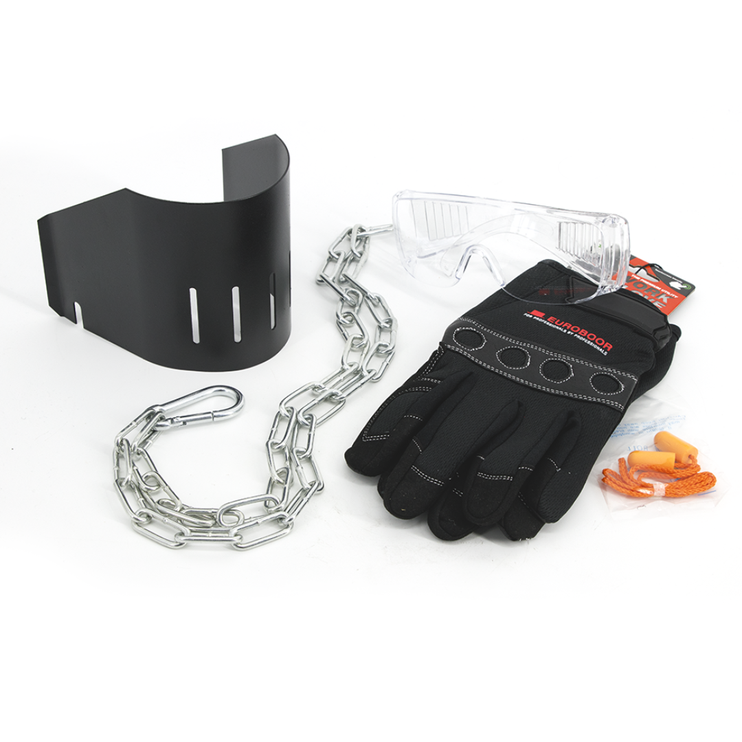 Euroboor ECO.100S+/CT2 Magnetic Drilling Machine accessories including safety chain, protective guard, and safety gloves