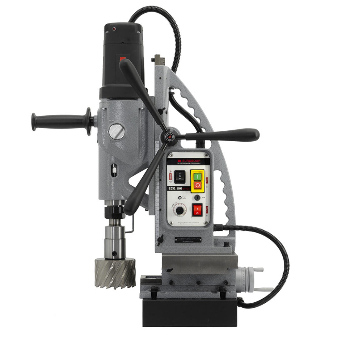 Euroboor ECO.100S+/CT2 Magnetic Drilling Machine front operational view with control panel and drilling spindle