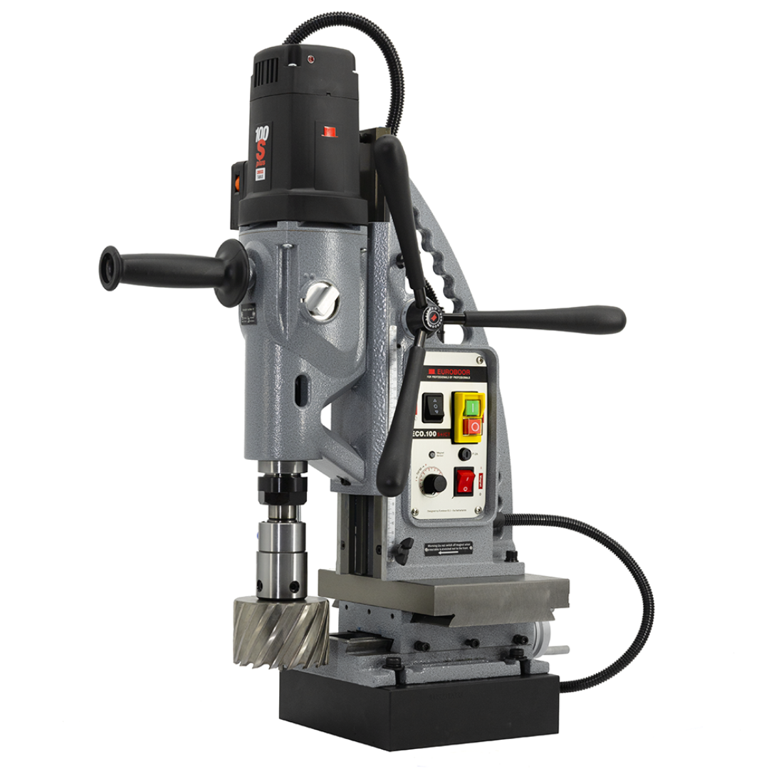 Euroboor ECO.100S+/CT2 Magnetic Drilling Machine side view showing annular cutter, feed handles, and magnetic base assembly