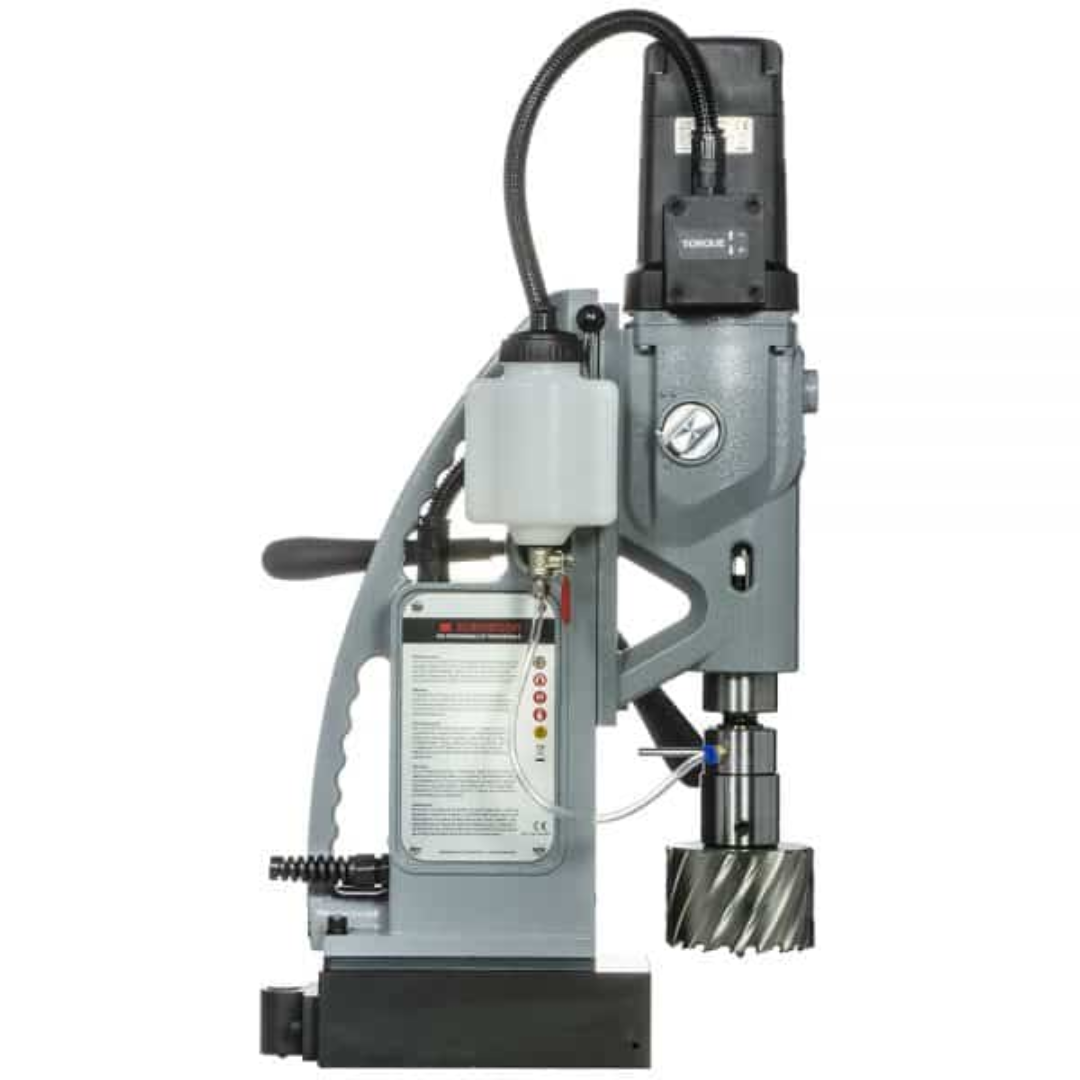 Euroboor ECO.100S+/TD Magnetic Drilling Machine operational perspective showing feed handles and drill system