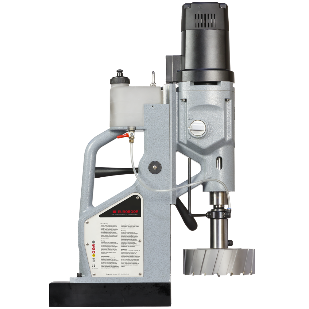 Euroboor ECO.200S/T Magnetic Drilling Machine 110 V angled operational view highlighting feed handles and magnetic base