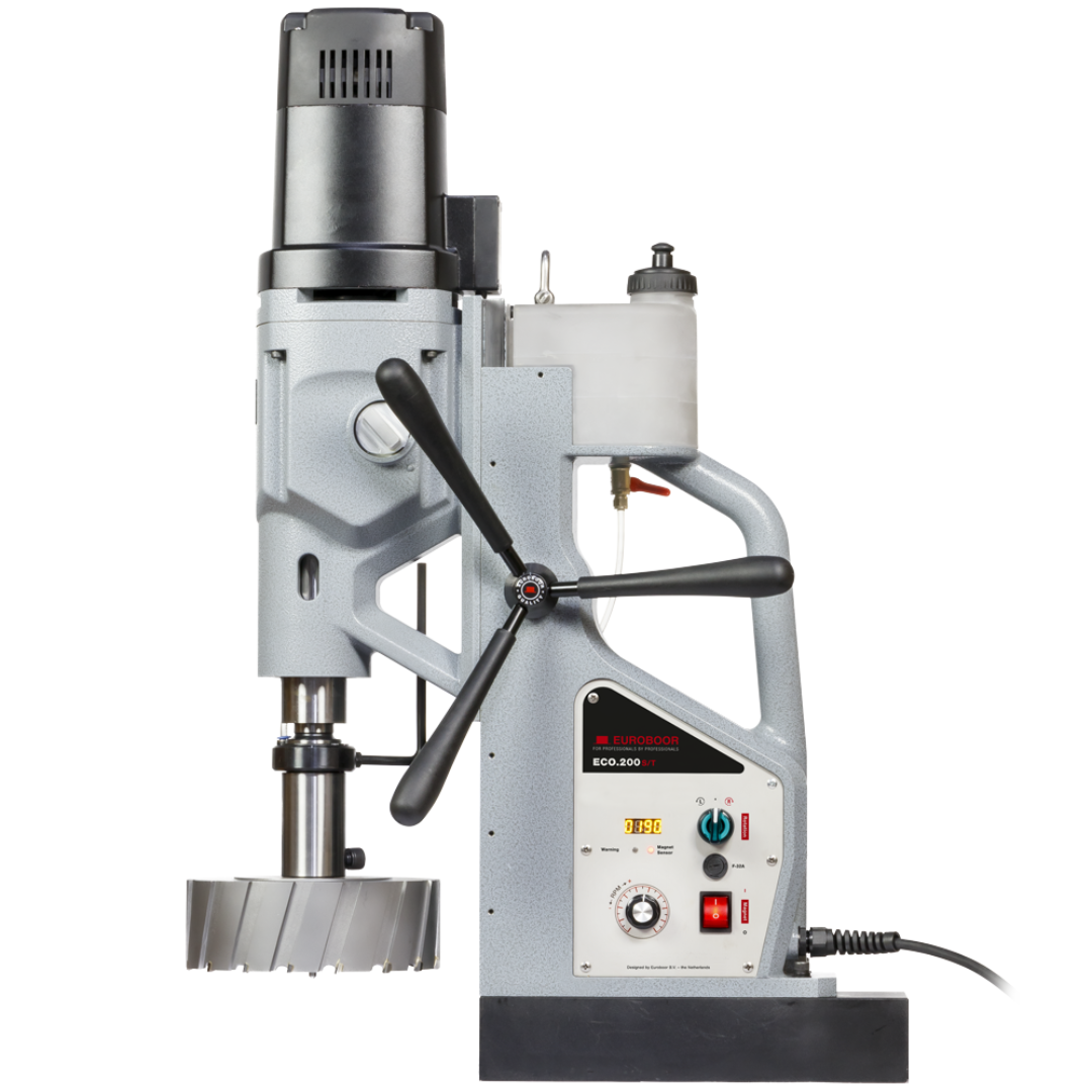 Euroboor ECO.200S/T Magnetic Drilling Machine 110 V angled operational view highlighting feed handles and magnetic base