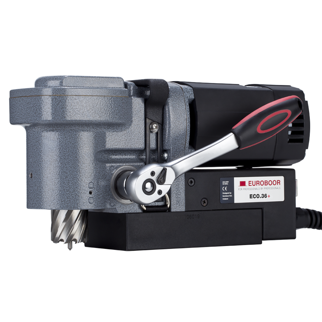 Euroboor ECO.36+ Magnetic Drilling Machine with ultra-low profile design, powerful motor housing, and heavy-duty magnetic base for precision metal drilling.
