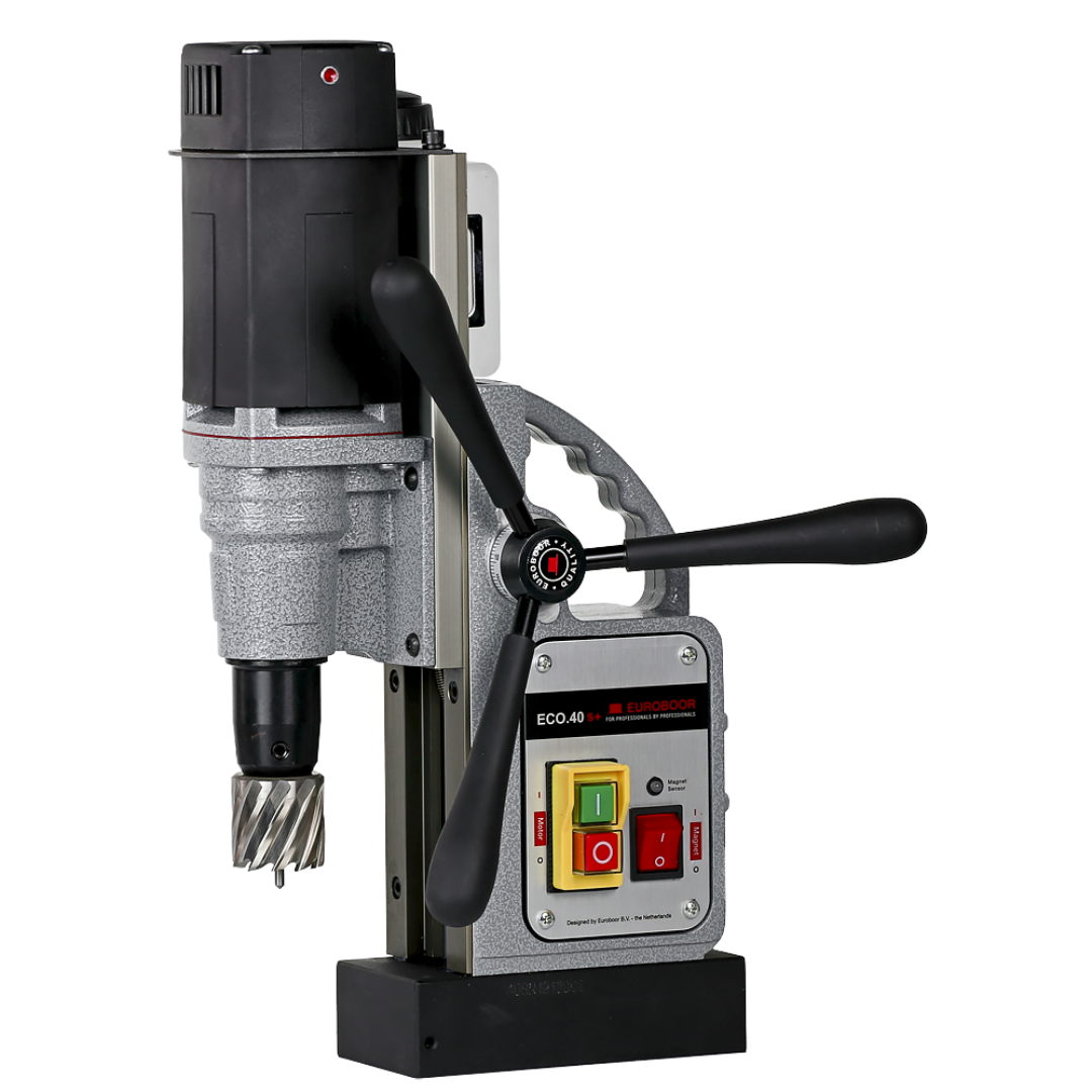 Euroboor ECO.40S+/IC Magnetic Drilling Machine with integrated coolant system, powerful motor, ergonomic feed handles, and heavy-duty magnetic base for precision metal drilling.
