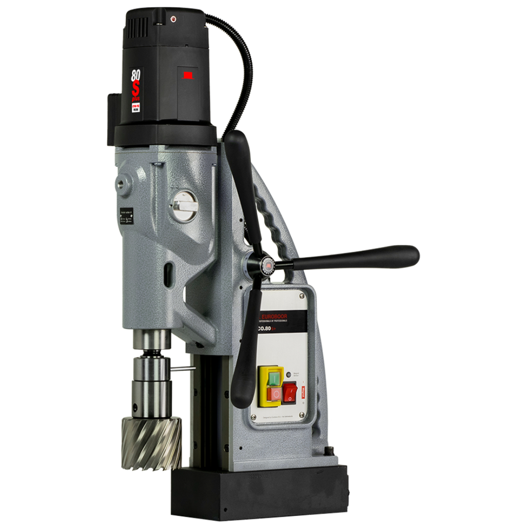 Euroboor ECO.80S+ Magnetic Drilling Machine side view with arbor and feed handle installed