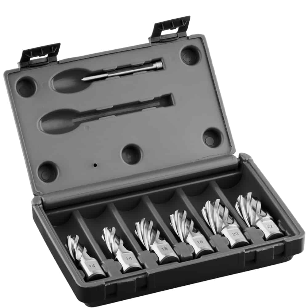 Euroboor HCS.KIT/8 Cutter Kit set showing high speed steel annular cutters arranged inside a durable plastic storage case