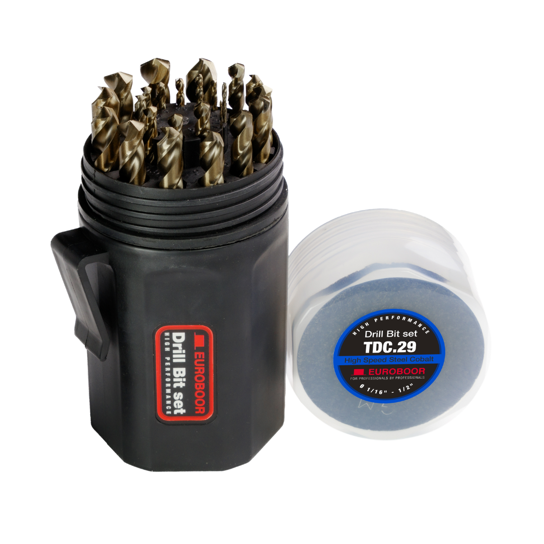 Euroboor TDC.29 Twist Drill set with 29 high-speed steel twist drill bits stored in a durable plastic container for precision metal drilling