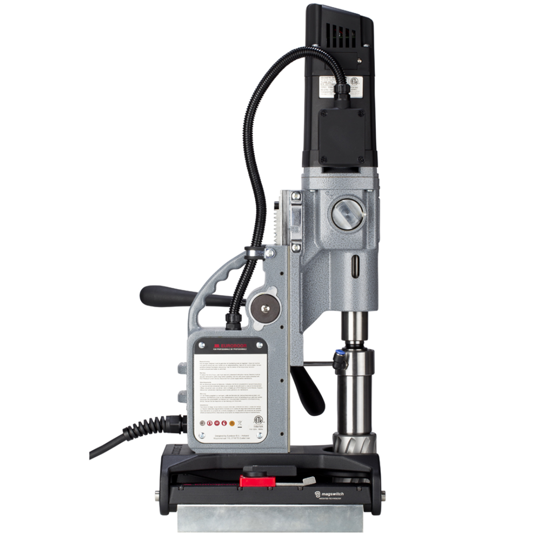 Euroboor TUBE.55S+/T Magnetic Drilling Machine close-up of the specialized tube clamping base engineered to securely mount the drilling machine on curved pipe surfaces