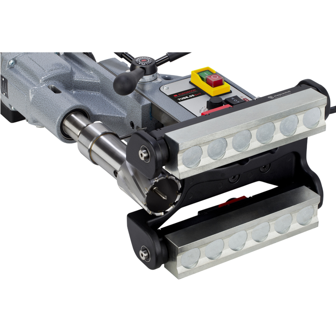 Euroboor TUBE.55S+/T Magnetic Drilling Machine close-up of the specialized tube clamping base engineered to securely mount the drilling machine on curved pipe surfaces