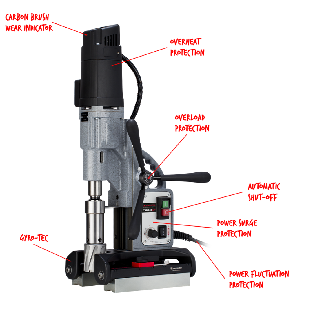 Euroboor TUBE.55S+/T Magnetic Drilling Machine product overview highlighting the specialized pipe drilling base, control panel, and heavy-duty motor housing for accurate tube drilling operations