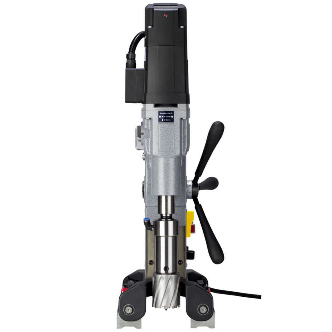 Euroboor TUBE.55S+/T Magnetic Drilling Machine side profile showing feed handles, drilling spindle, and adjustable clamping system for secure positioning on round pipe surfaces