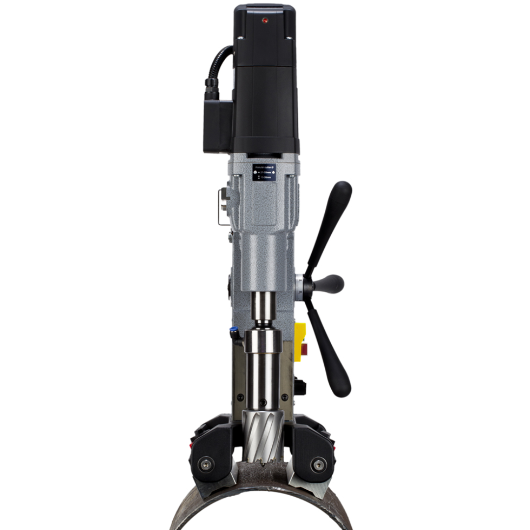 Euroboor TUBE.55S+/T Magnetic Drilling Machine vertical drilling configuration illustrating the stable pipe drilling setup and adjustable support legs for accurate drilling