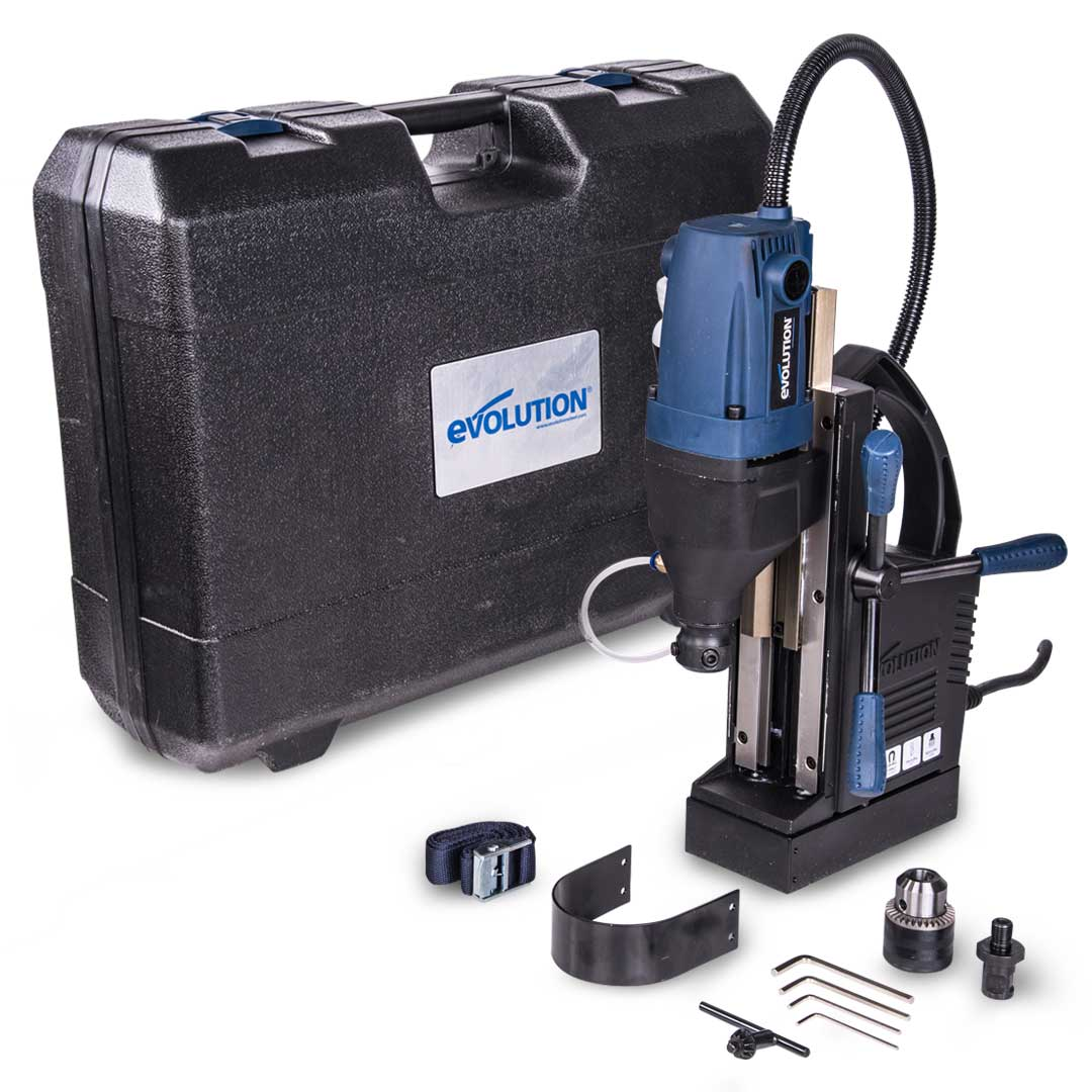 Evolution Power Tools 1-1/8 in. Magnetic Drill With Carry Case S28MAG displayed with a heavy-duty magnetic drill, molded carry case, chuck, safety strap, hex keys, and accessories for portable precision drilling in structural steel and metal fabrication.