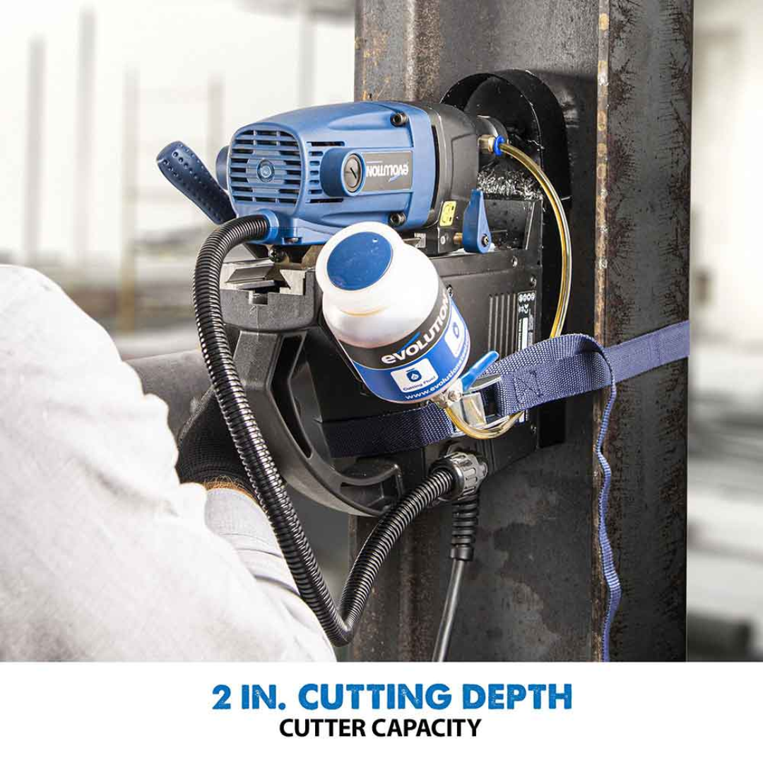 Evolution Power Tools 1-1/8 in. Magnetic Drill With Carry Case S28MAG featuring the integrated coolant system delivering lubrication directly to the cutter for extended tool life and improved drilling performance.