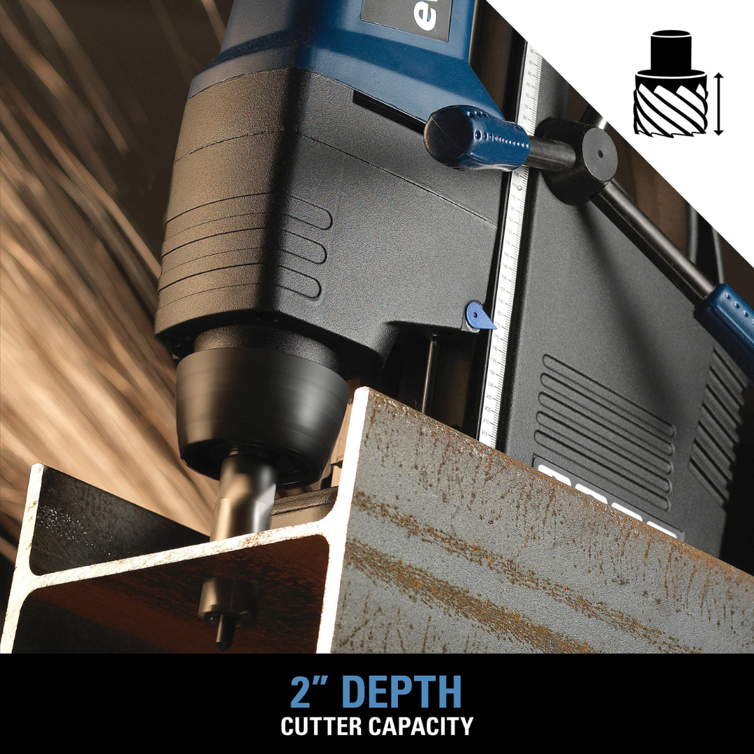 Evolution Power Tools 1-5/8 in. Magnetic Drill With Carry Case EVOMAG42 demonstrating up to 2-inch maximum cutting depth for precision annular hole cutting in steel plate and structural members.