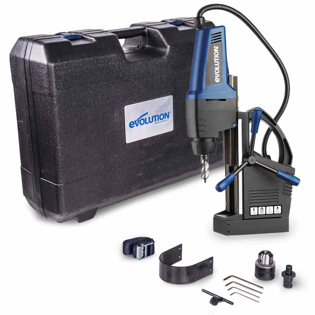 Evolution Power Tools 1-5/8 in. Magnetic Drill With Carry Case EVOMAG42 displayed with the portable magnetic drill, heavy-duty carry case, drill chuck, coolant bottle, safety strap, hex keys, and accessories for precision steel drilling applications.