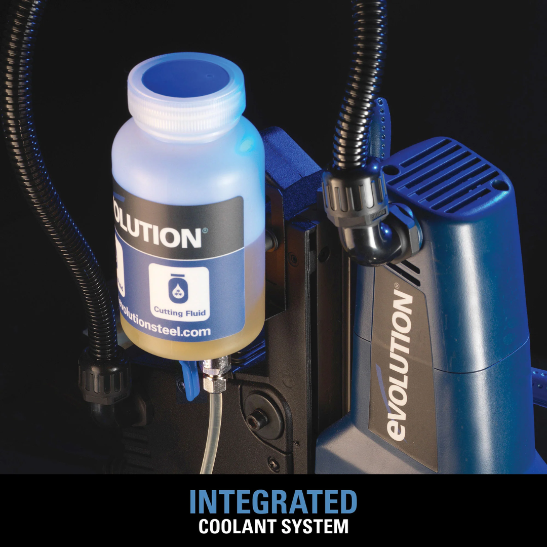 Evolution Power Tools 1-5/8 in. Magnetic Drill With Carry Case EVOMAG42 featuring the integrated coolant system with coolant bottle, extending annular cutter life and improving drilling performance.