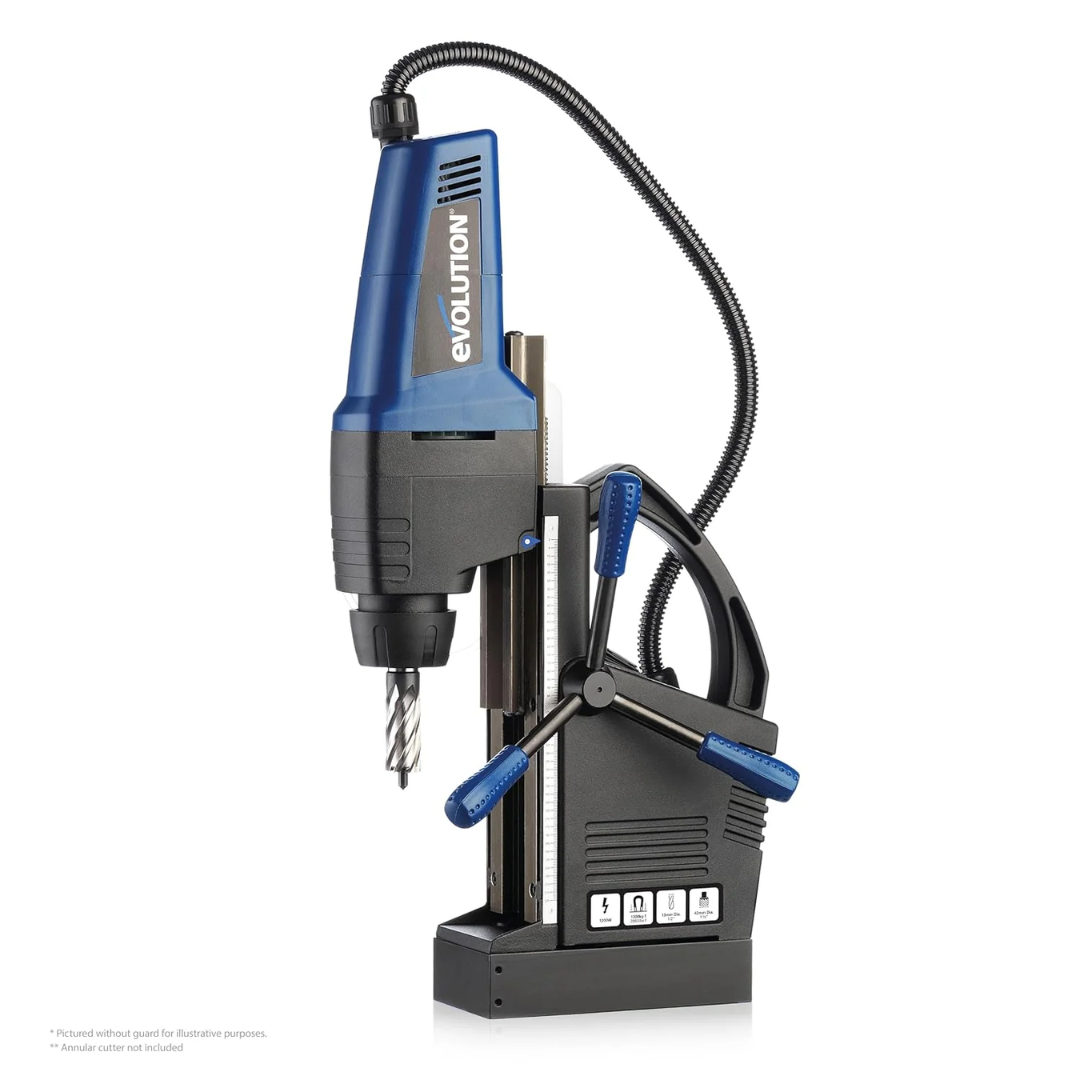 Evolution Power Tools 1-5/8 in. Magnetic Drill With Carry Case EVOMAG42 side profile highlighting the powerful motor, magnetic base, feed handles, and portable industrial design for professional drilling.