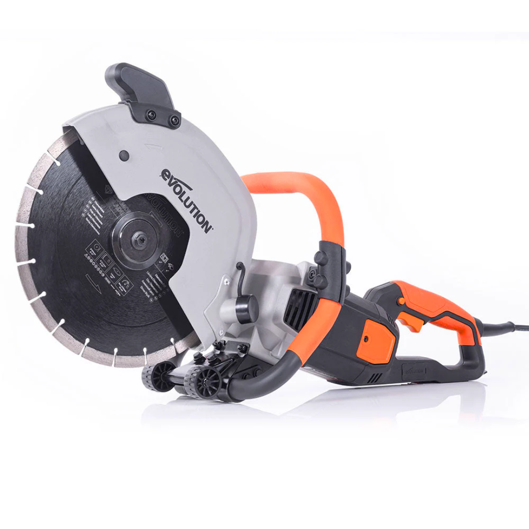 Evolution Power Tools 12 in. Electric Concrete Saw R300DCT front view showcasing the complete 12-inch electric concrete cut-off saw with ergonomic handle and professional heavy-duty design.