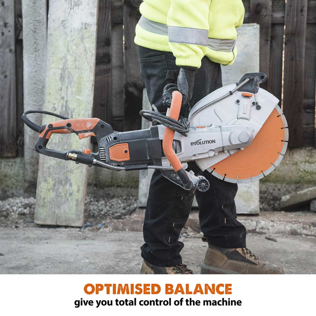 Evolution Power Tools 12 in. Electric Concrete Water Fed Dust Suppression R12DCT engineered with an optimized balanced design to improve operator comfort and reduce fatigue during extended use.