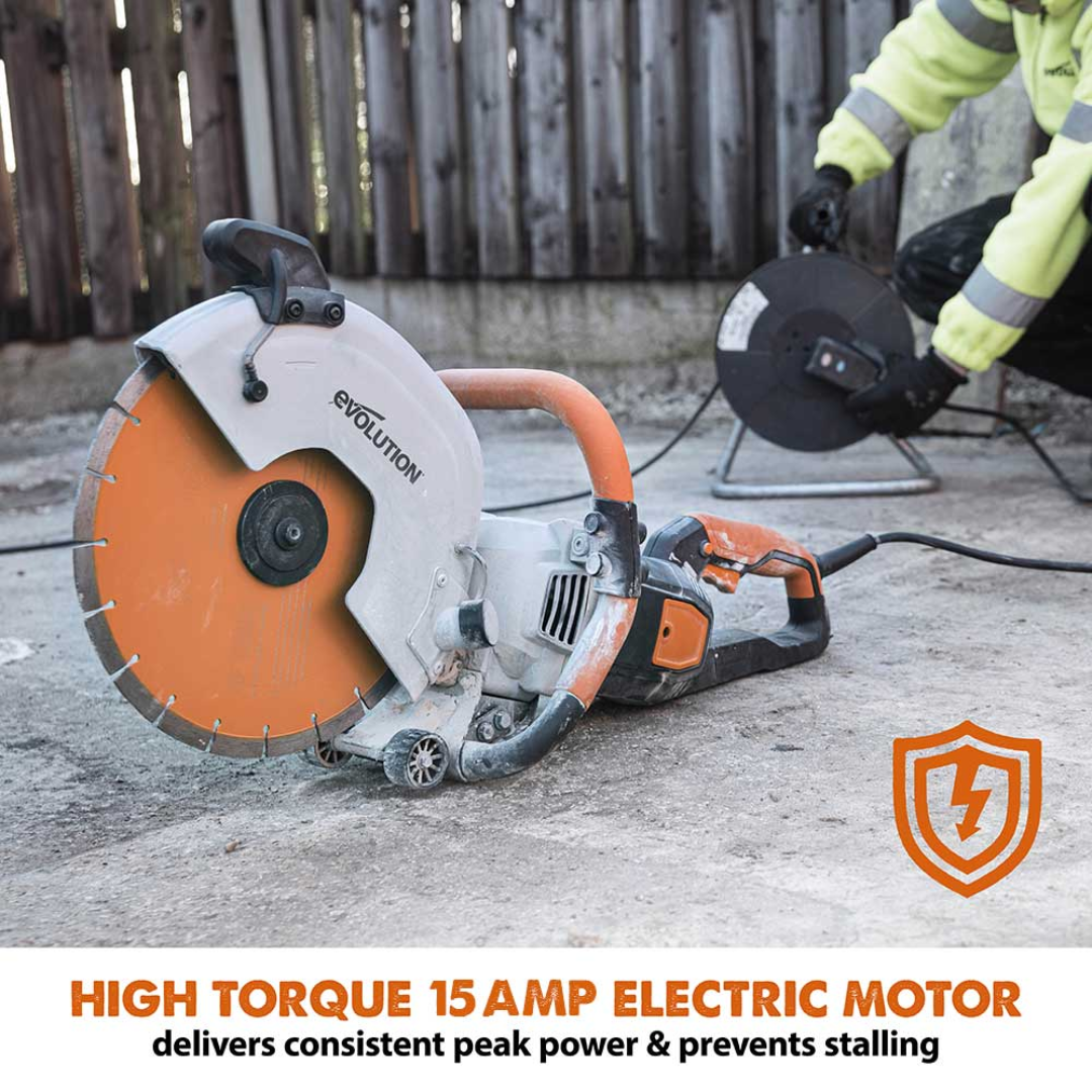 Evolution Power Tools 12 in. Electric Concrete Water Fed Dust Suppression R12DCT equipped with integrated Power Protect technology for improved durability and dependable jobsite performance.