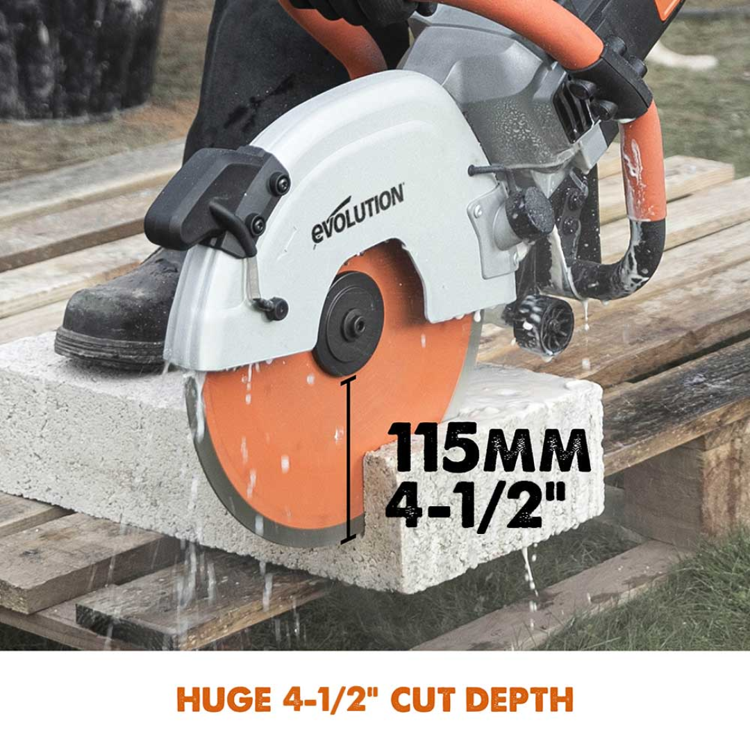 Evolution Power Tools 12 in. Electric Concrete Water Fed Dust Suppression R12DCT featuring a 115 mm (4-1/2 in.) maximum cut depth for deep, precise concrete cutting applications.