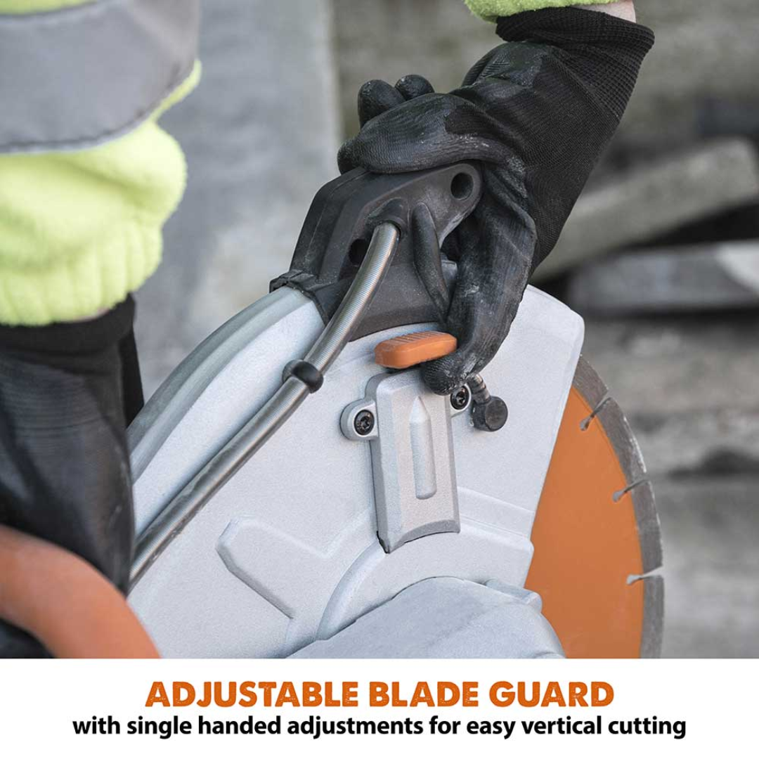 Evolution Power Tools 12 in. Electric Concrete Water Fed Dust Suppression R12DCT showcasing the adjustable blade guard for increased cutting versatility and improved user safety.
