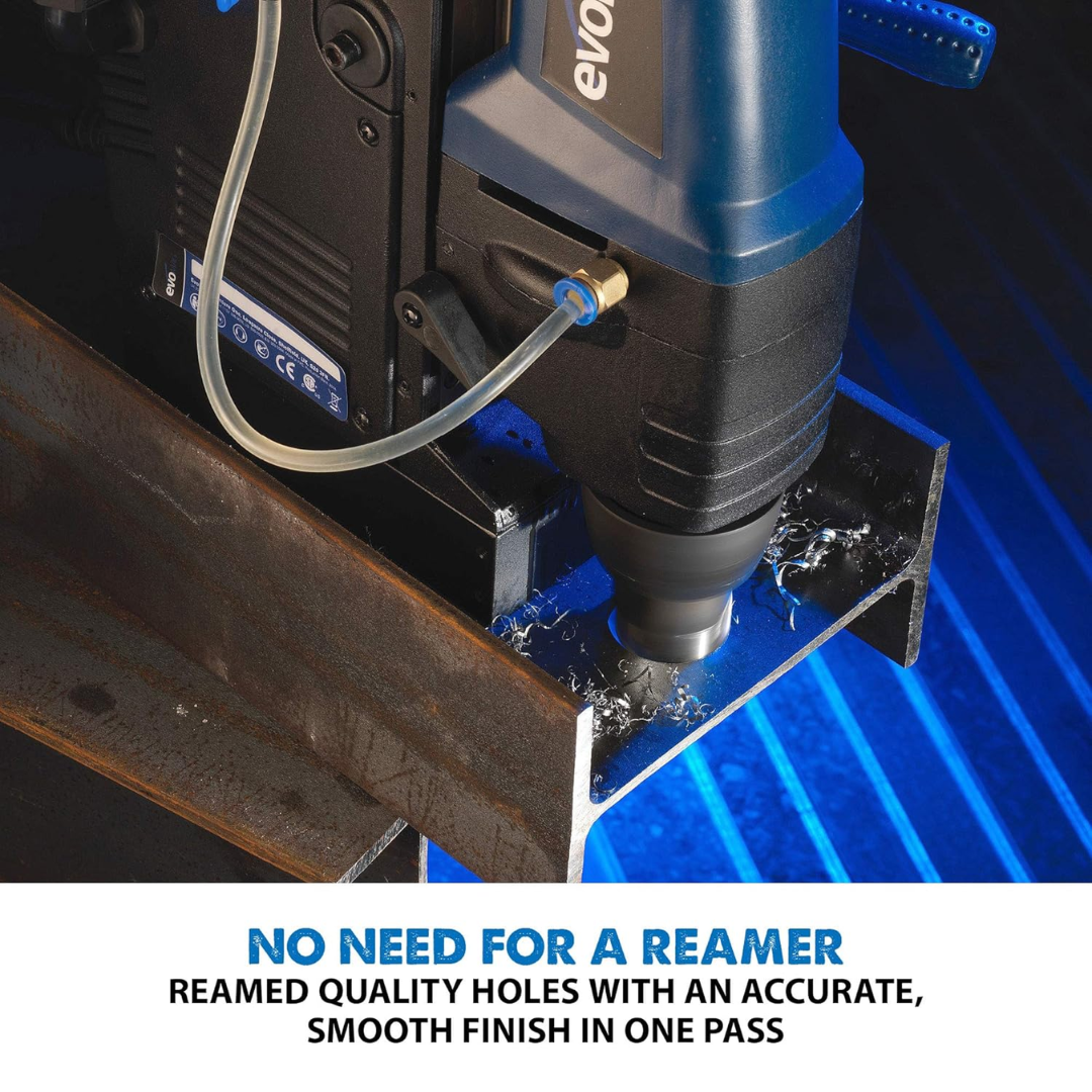 Evolution Power Tools 12pc 2 in. Depth Annular HSS Mag Drill Cutter Set CC12SET-2 being used with a magnetic drill for accurate steel fabrication and metalworking.