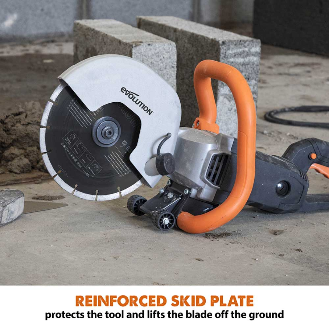 Evolution Power Tools 9 in. Electric Concrete Saw R230DCT equipped with a reinforced skid plate that improves stability during ground-level concrete cutting.