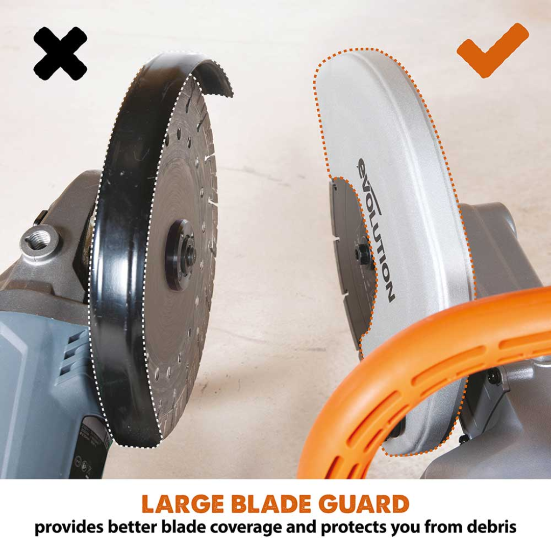 Evolution Power Tools 9 in. Electric Concrete Saw R230DCT featuring a large adjustable blade guard for improved cutting versatility and operator safety.