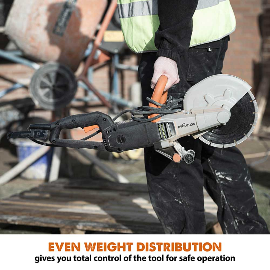 Evolution Power Tools 9 in. Electric Concrete Saw R230DCT featuring optimized weight distribution for balanced control and accurate cutting performance.