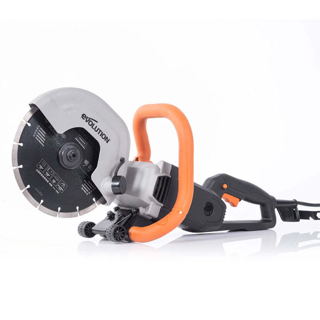 Evolution Power Tools 9 in. Electric Concrete Saw R230DCT front view showcasing the complete 9-inch electric concrete saw with ergonomic handle and compact professional design.