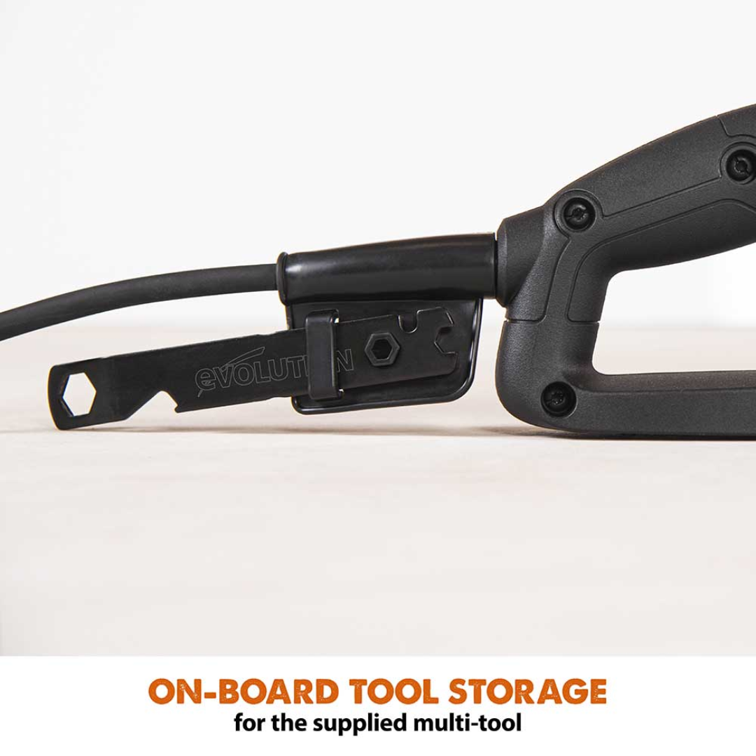 Evolution Power Tools 9 in. Electric Concrete Saw R230DCT highlighting convenient onboard tool storage for quick adjustments and blade maintenance.
