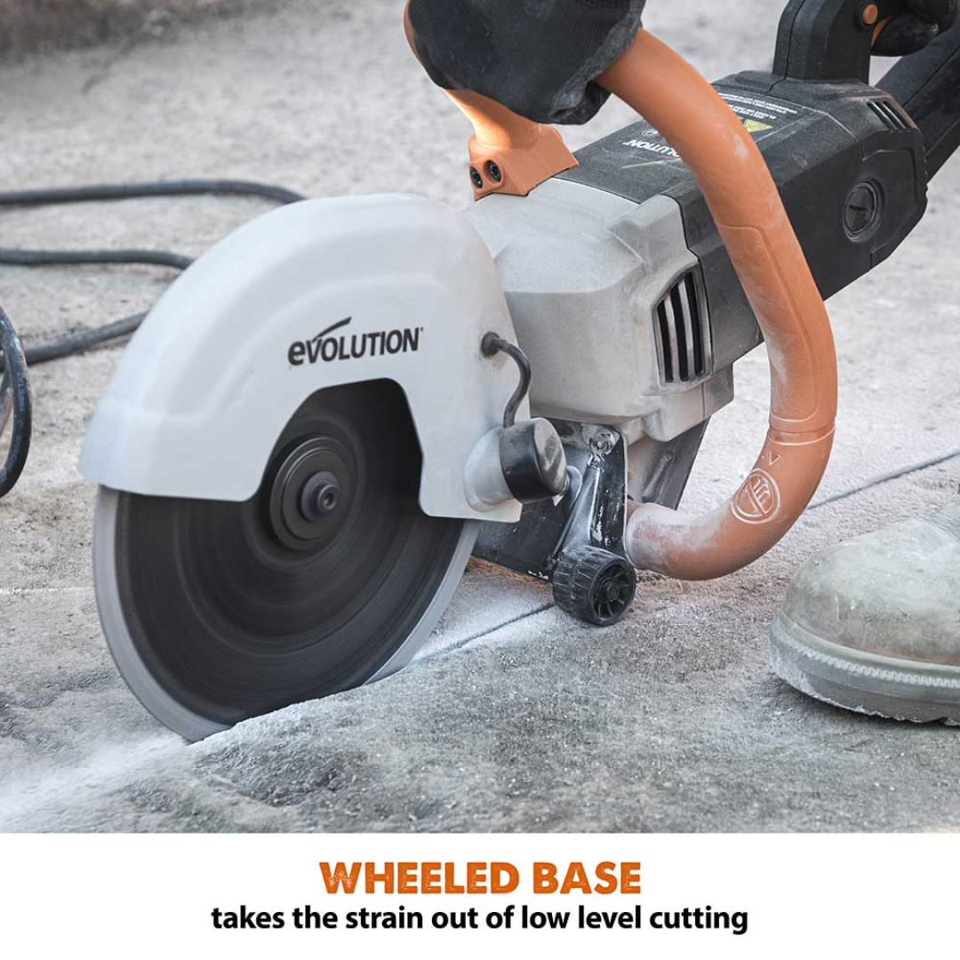 Evolution Power Tools 9 in. Electric Concrete Saw R230DCT showing the wheeled base for smoother operation and more accurate straight-line cutting.