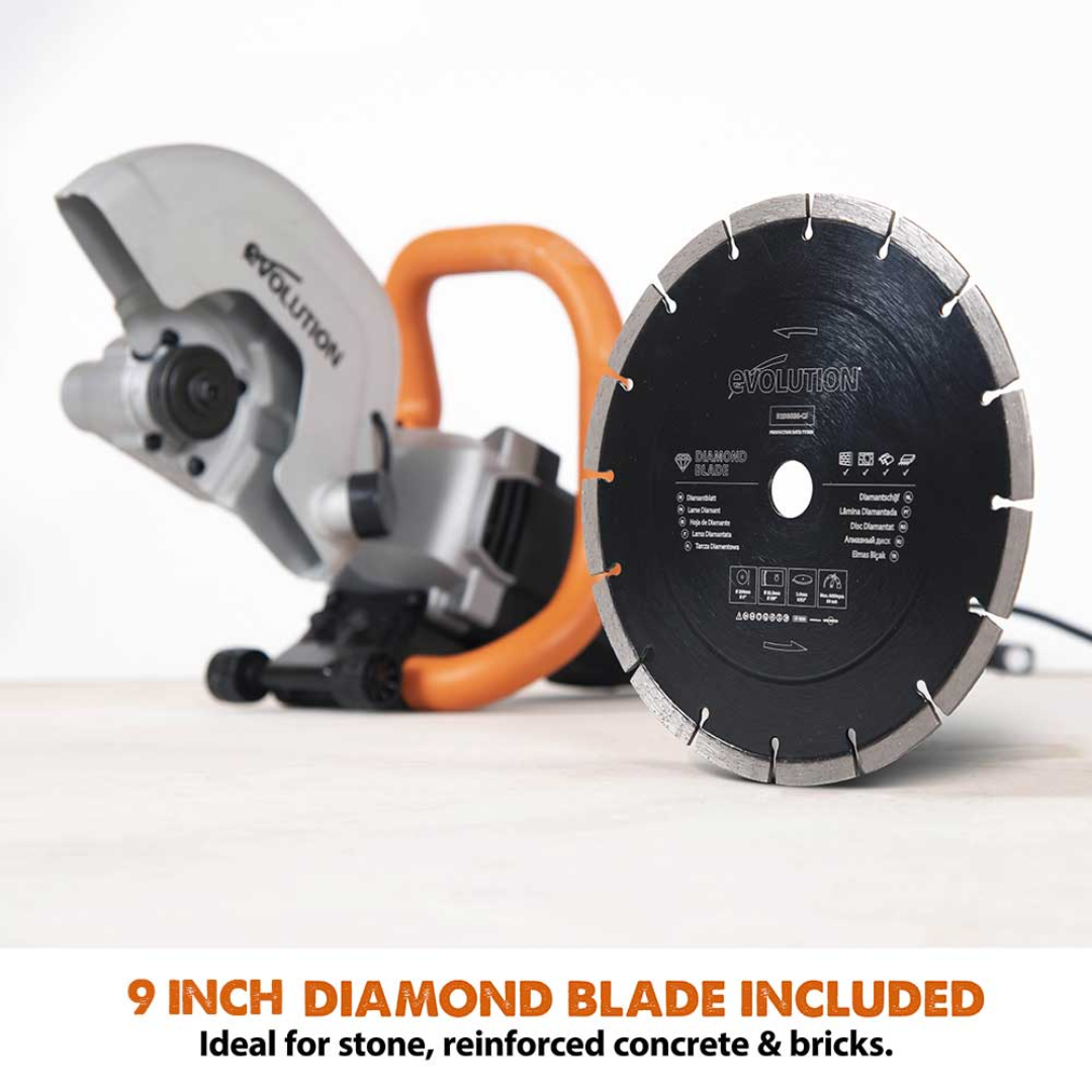 Evolution Power Tools 9 in. Electric Concrete Saw R230DCT supplied with a premium 9-inch diamond blade for fast, clean concrete cutting.