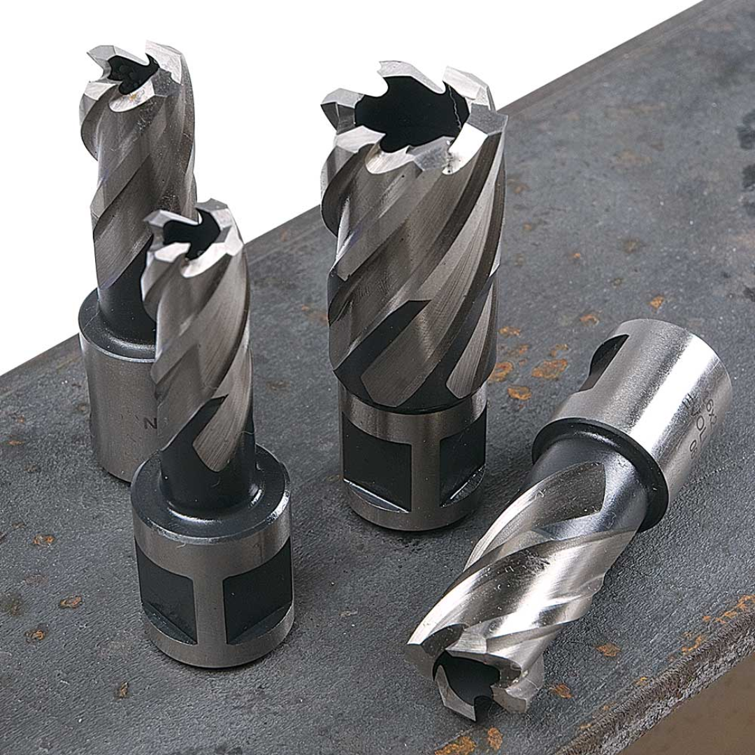 Evolution Power Tools Annular HSS Cutter CC275L displayed with multiple Evolution annular cutters in various diameters, showcasing professional-grade tooling for magnetic drill applications.