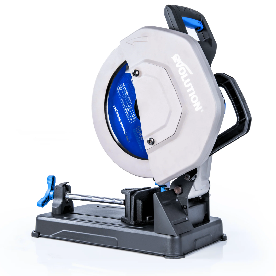 Evolution Power Tools Metal Cutting Chop Saw With 14 in. Mild Steel Blade S355CPSL angled view featuring the enclosed blade guard, ergonomic handle, and precision quick-clamp vise for accurate metal cutting.