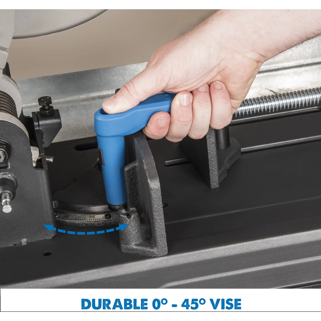 Evolution Power Tools Metal Cutting Chop Saw With 14 in. Mild Steel Blade S355CPSL featuring the adjustable spark block that helps direct chips and improve operator safety during cutting.