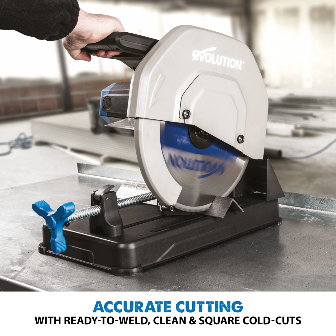 Evolution Power Tools Metal Cutting Chop Saw With 14 in. Mild Steel Blade S355CPSL making an accurate cut through steel material using the integrated quick-release vise for secure workholding.