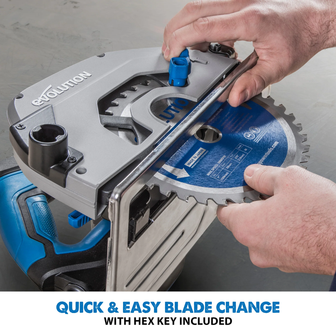 Evolution Power Tools Metal Cutting Circular Saw 7-1/4 in. Blade S185CCSL demonstrating the quick and easy blade change system for reduced maintenance downtime.