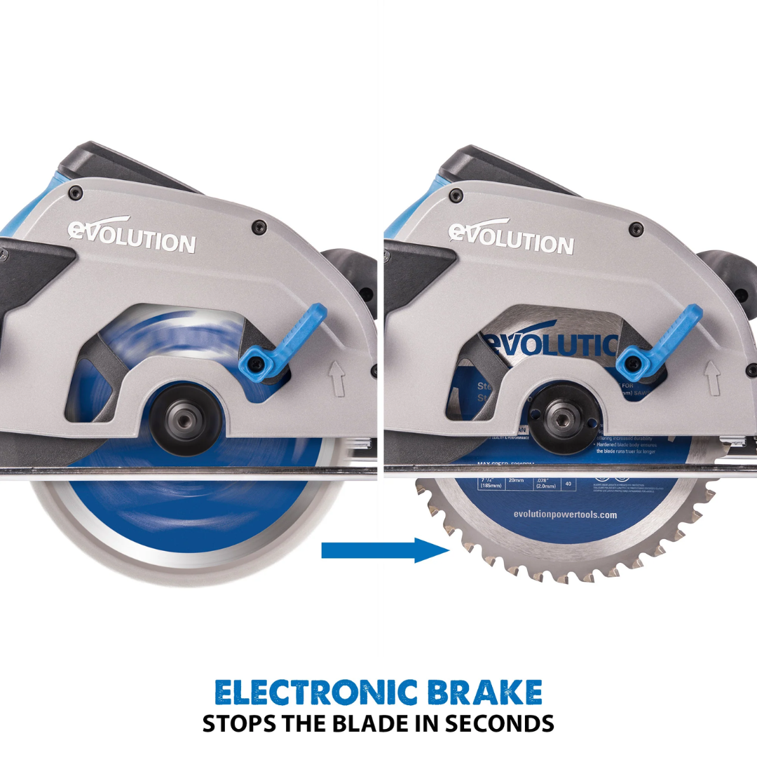 Evolution Power Tools Metal Cutting Circular Saw 7-1/4 in. Blade S185CCSL equipped with an electronic blade brake for enhanced operator safety and productivity.