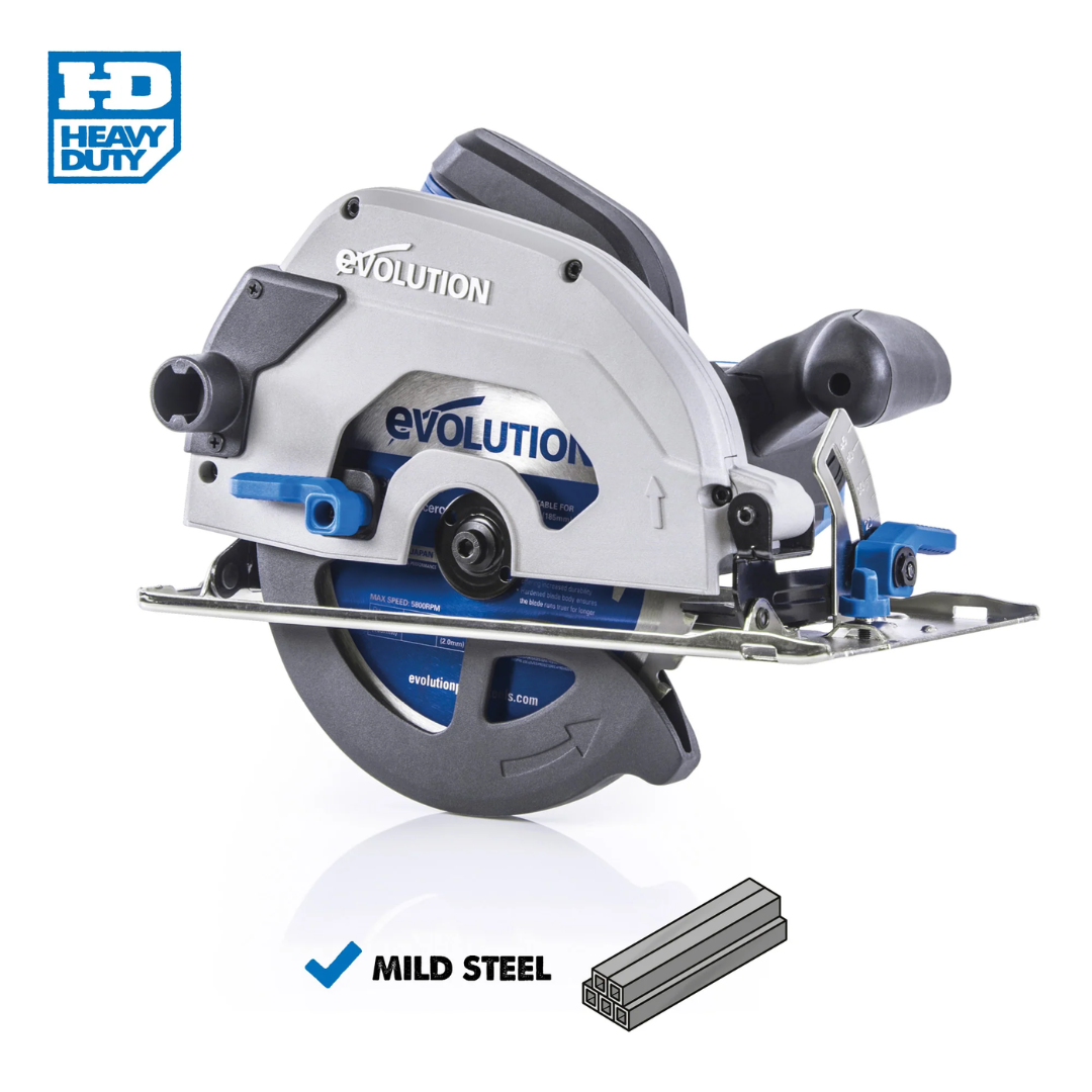 Evolution Power Tools Metal Cutting Circular Saw 7-1/4 in. Blade S185CCSL feature overview displaying key components and professional cutting capabilities.